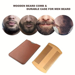 Beech Wooden Beard Comb & Leather Case Dual Action Fine & Coarse Teeth
