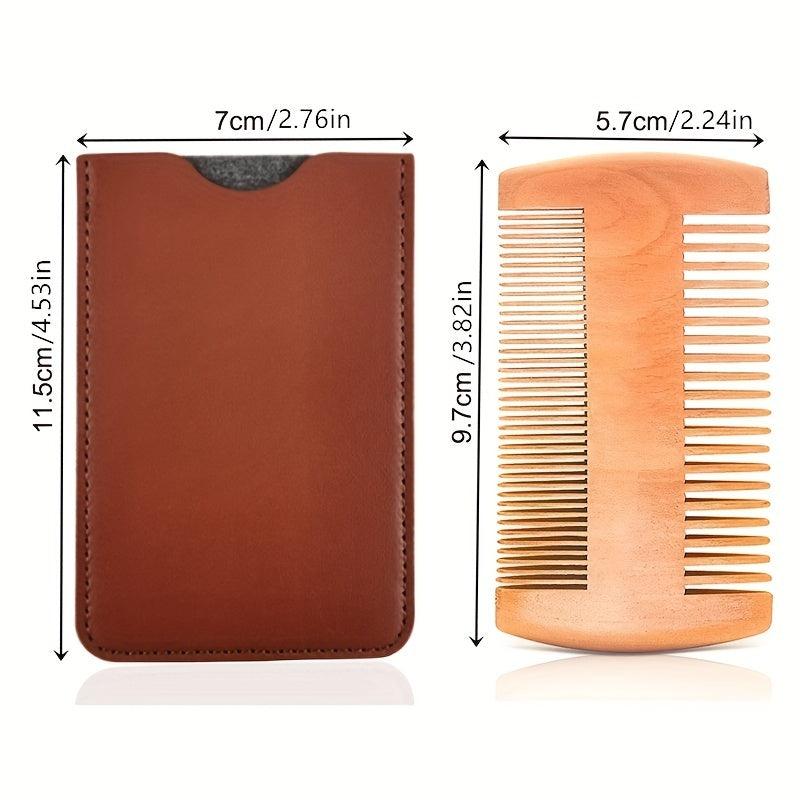 Beech Wooden Beard Comb & Leather Case Dual Action Fine & Coarse Teeth