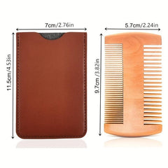 Beech Wooden Beard Comb & Leather Case Dual Action Fine & Coarse Teeth