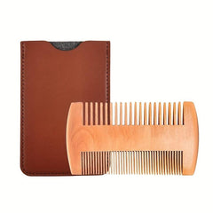Beech Wooden Beard Comb & Leather Case Dual Action Fine & Coarse Teeth