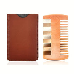 Beech Wooden Beard Comb & Leather Case Dual Action Fine & Coarse Teeth