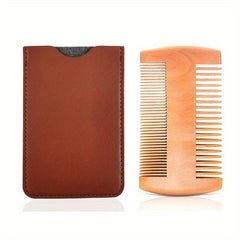 Beech Wooden Beard Comb & Leather Case Dual Action Fine & Coarse Teeth
