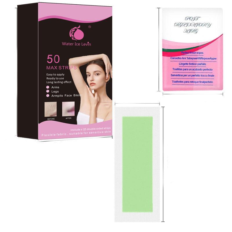 50pcs Body Wax Strips Gentle Hair Removal Kit, 3 Wet Tissues, Portable, Green