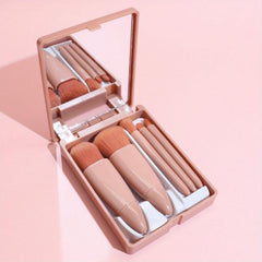 5pcs Travel Makeup Brush Set with Mirror and Storage Box