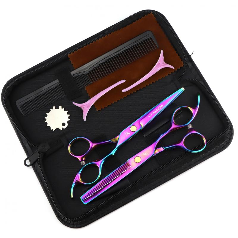 15 24 Cm Hair Scissors Set Flat Scissors Thinning Shears Bag Clip Adjusting Pink