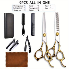 Professional Hair Cutting Scissors & Razor Kit Set - 9pcs