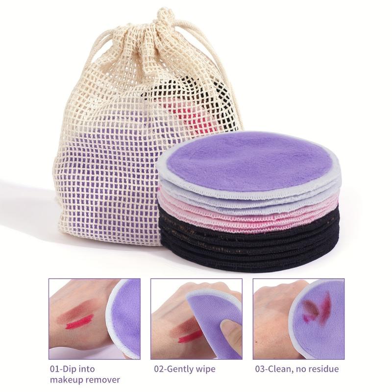 12pcs Colorful Makeup Remover Towel Mesh Bag Soft and Reusable Washable Puff