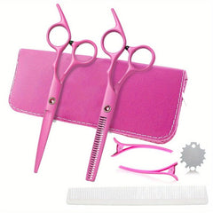 Pink Hair Cutting Shears with Comb and Clips - Thinning, Texturing, Barbering