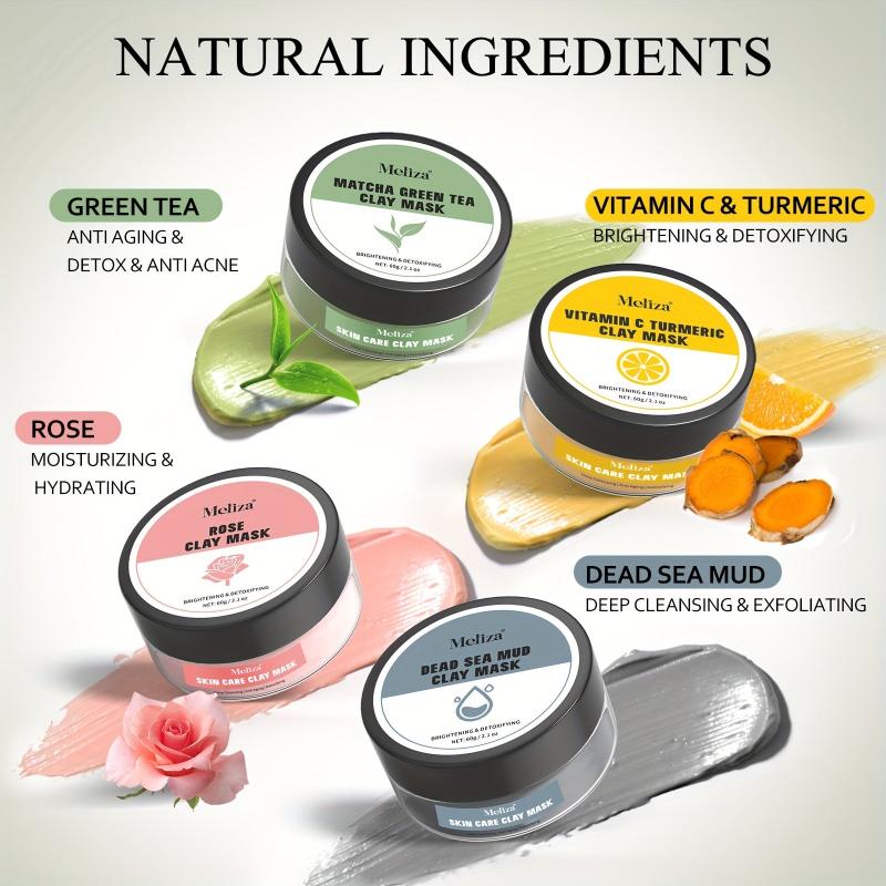 4-Pc Deep Cleansing Clay Mask Set Turmeric Green Tea Dead Sea Mud Rose Clay
