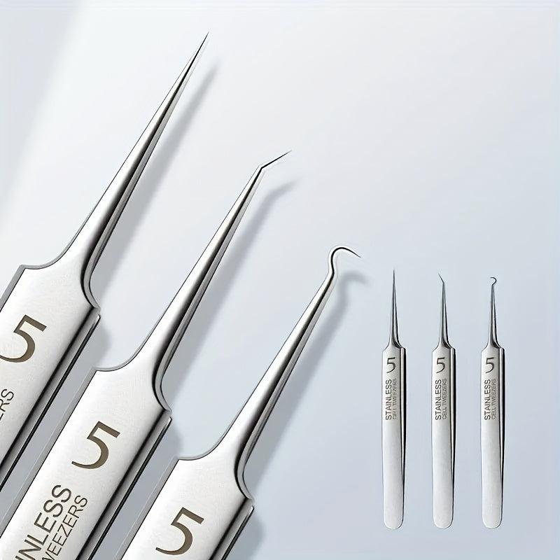 3pcs Blackhead Remover Tweezers Pimple Popper Tool Kit With Box