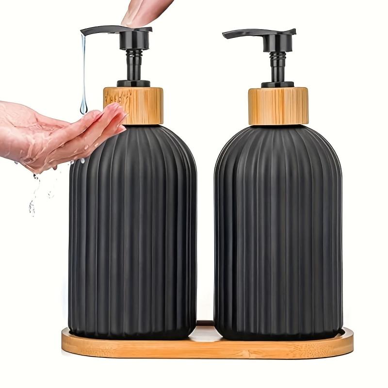 2pcs Plastic Soap Dispenser Set Bamboo Pump 17oz
