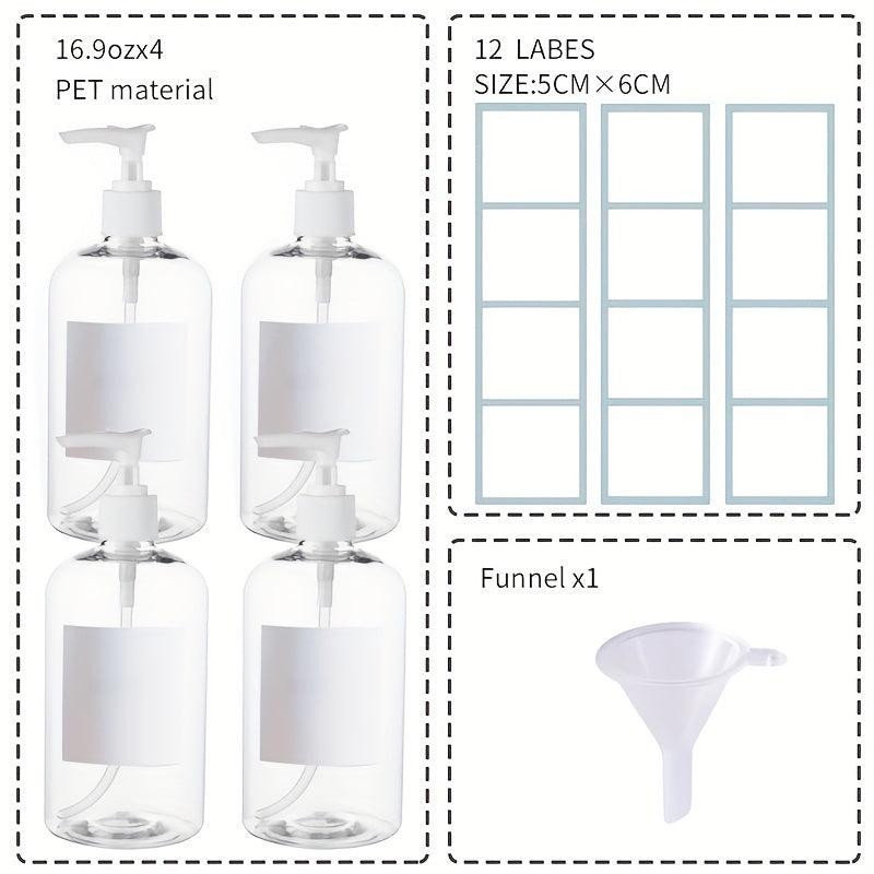 4pcs 16 Oz Shampoo Pump Bottles Clear Lotion Pump w/ Labels & Funnel