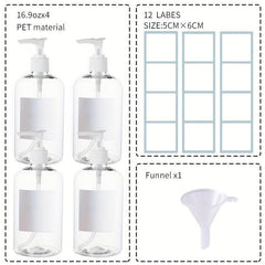 4pcs 16 Oz Shampoo Pump Bottles Clear Lotion Pump w/ Labels & Funnel
