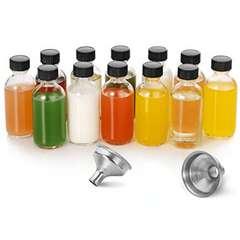 12 Pack 2oz Clear Glass Boston Bottle w/ Cap & Funnel 60ml Dispensing Bottles