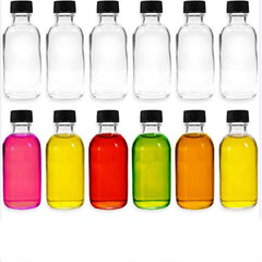 12 Pack 2oz Clear Glass Boston Bottle w/ Cap & Funnel 60ml Dispensing Bottles