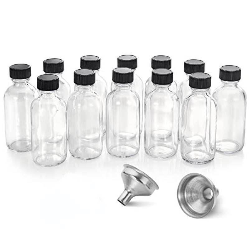 12 Pack 2oz Clear Glass Boston Bottle w/ Cap & Funnel 60ml Dispensing Bottles