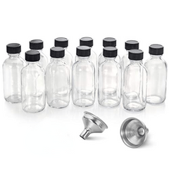 12 Pack 2oz Clear Glass Boston Bottle w/ Cap & Funnel 60ml Dispensing Bottles