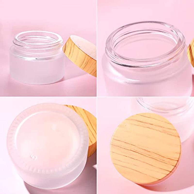 1oz Frosted Glass Jar with Wood Grain Lid - Refillable Mini Lotion Jar