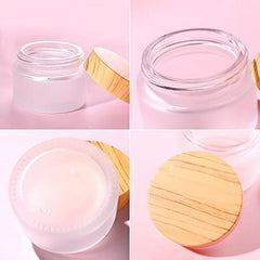 1oz Frosted Glass Jar with Wood Grain Lid - Refillable Mini Lotion Jar