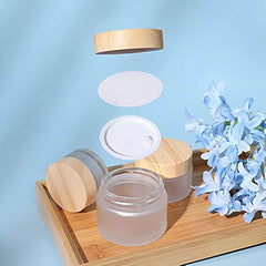 1oz Frosted Glass Jar with Wood Grain Lid - Refillable Mini Lotion Jar