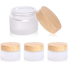 1oz Frosted Glass Jar with Wood Grain Lid - Refillable Mini Lotion Jar