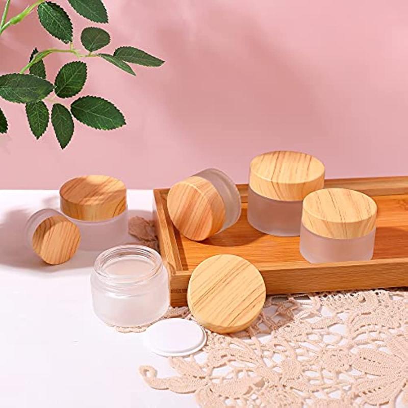 1oz Frosted Glass Jar with Wood Grain Lid - Refillable Mini Lotion Jar