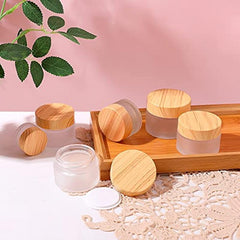 1oz Frosted Glass Jar with Wood Grain Lid - Refillable Mini Lotion Jar