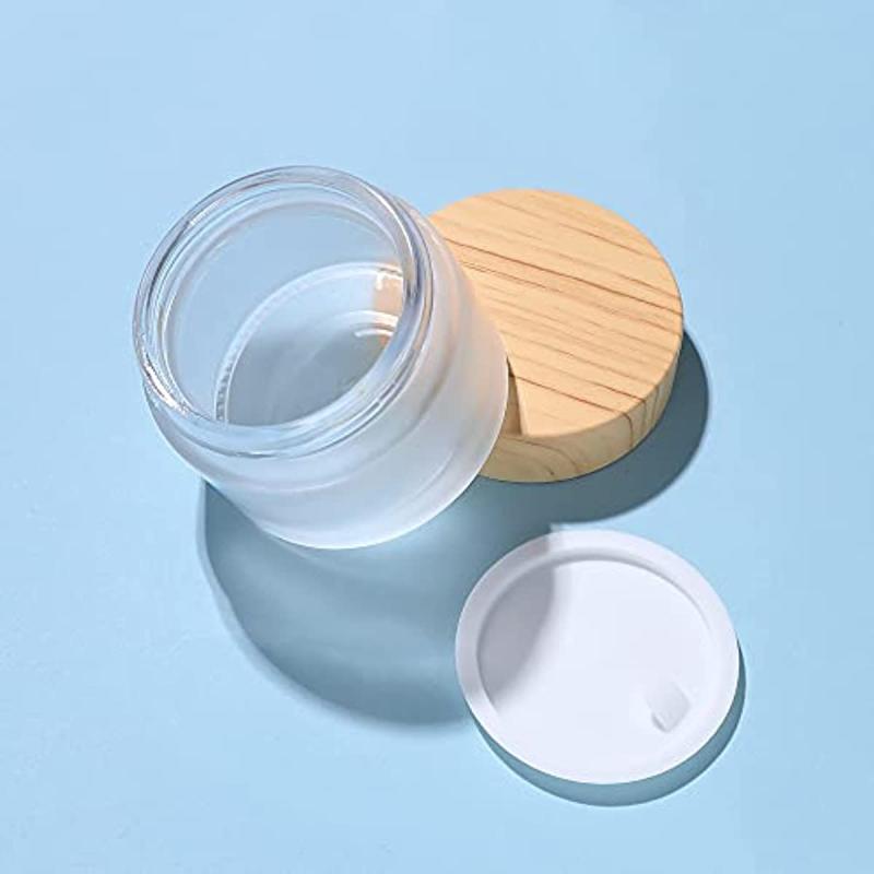 1oz Frosted Glass Jar with Wood Grain Lid - Refillable Mini Lotion Jar
