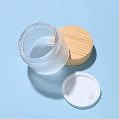 1oz Frosted Glass Jar with Wood Grain Lid - Refillable Mini Lotion Jar