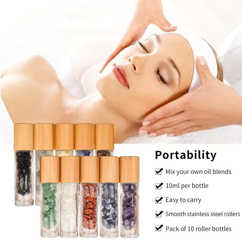 10pc 10ml Clear Glass Roller Bottles With Natural Crystal Gemstone Roller Balls