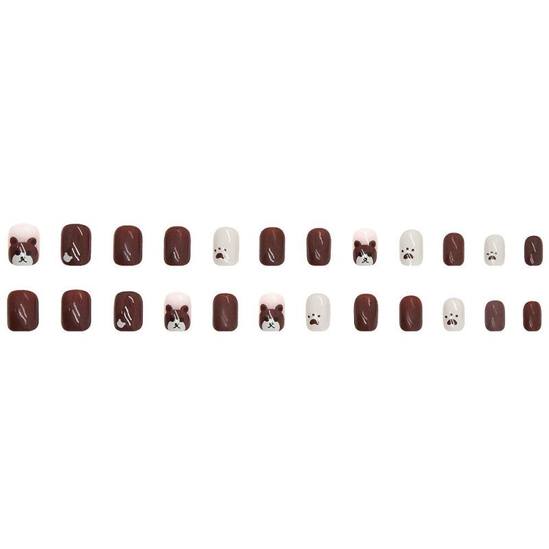 Brown Bear Design Short False Nails Glossy Acrylic Nails For Women