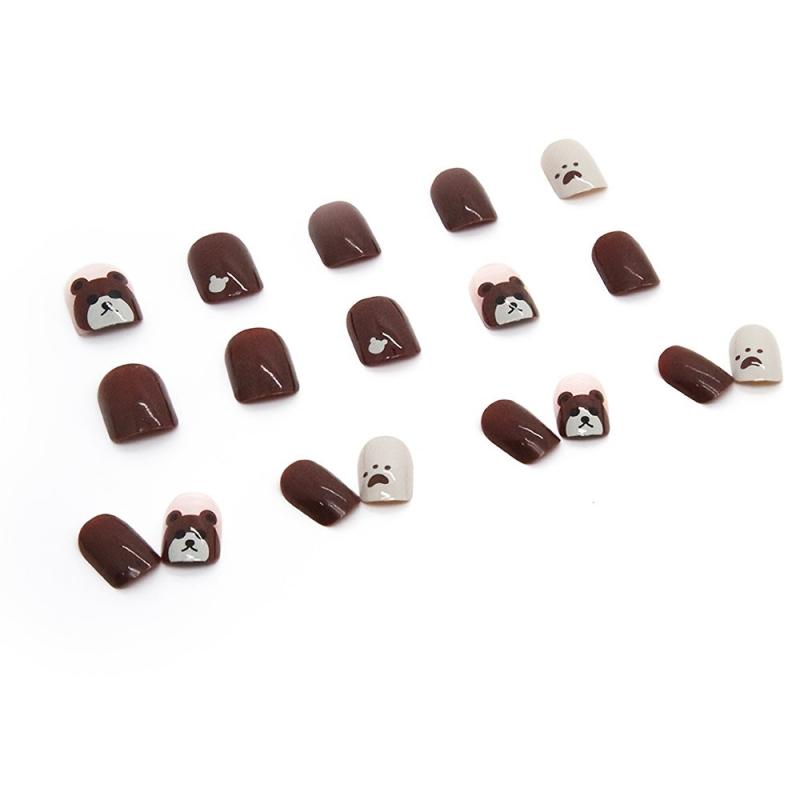 Brown Bear Design Short False Nails Glossy Acrylic Nails For Women