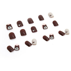 Brown Bear Design Short False Nails Glossy Acrylic Nails For Women