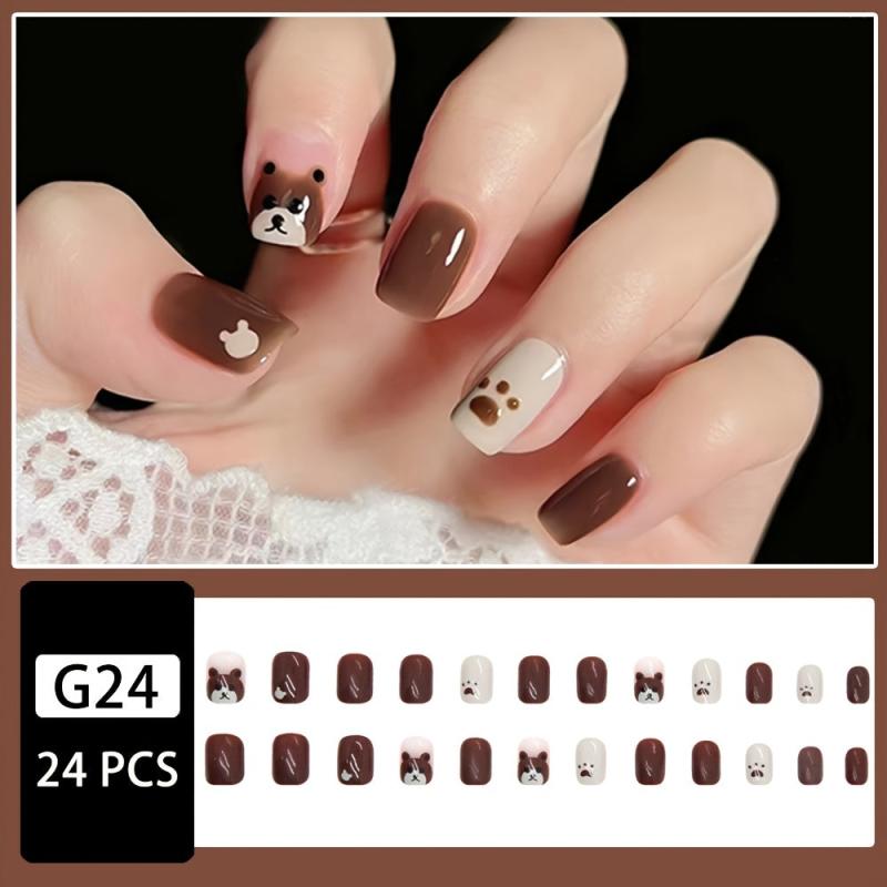 Brown Bear Design Short False Nails Glossy Acrylic Nails For Women