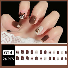 Brown Bear Design Short False Nails Glossy Acrylic Nails For Women