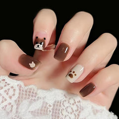 Brown Bear Design Short False Nails Glossy Acrylic Nails For Women