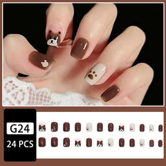 Brown Bear Design Short False Nails Glossy Acrylic Nails For Women