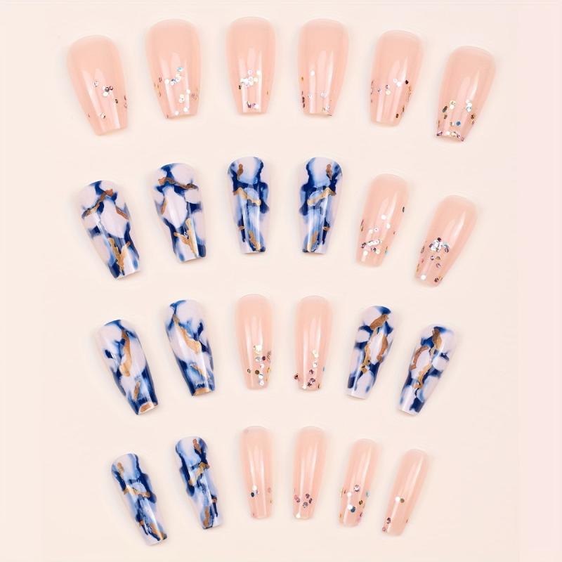 Marble Print Medium Coffin Press On Nails with Golden Foil - 24pcs