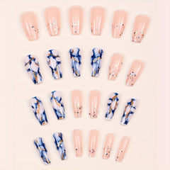 Marble Print Medium Coffin Press On Nails with Golden Foil - 24pcs