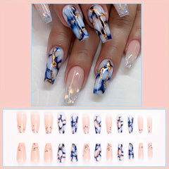 Marble Print Medium Coffin Press On Nails with Golden Foil - 24pcs