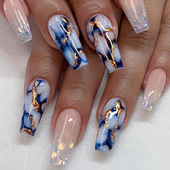 Marble Print Medium Coffin Press On Nails with Golden Foil - 24pcs