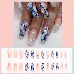 Marble Print Medium Coffin Press On Nails with Golden Foil - 24pcs