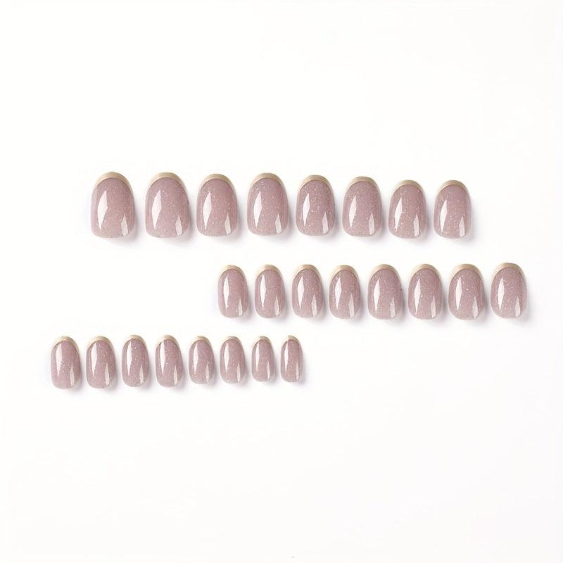Nude Glitter Press On Nails with Golden Edge, 24pcs