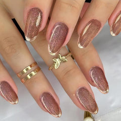 Nude Glitter Press On Nails with Golden Edge, 24pcs