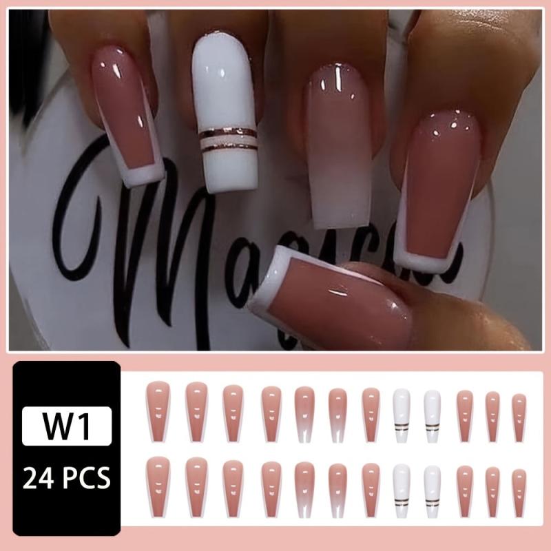 24 pcs Pink Gradient Coffin Press On Nails French Tip Acrylic Nails