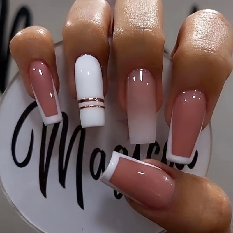24 pcs Pink Gradient Coffin Press On Nails French Tip Acrylic Nails