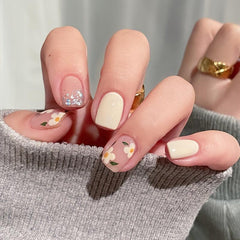 Yellow Square Press On Nails with Flower Designs