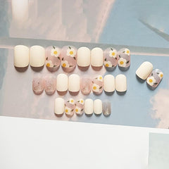 Yellow Square Press On Nails with Flower Designs