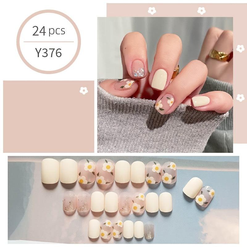Yellow Square Press On Nails with Flower Designs