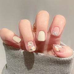Yellow Square Press On Nails with Flower Designs